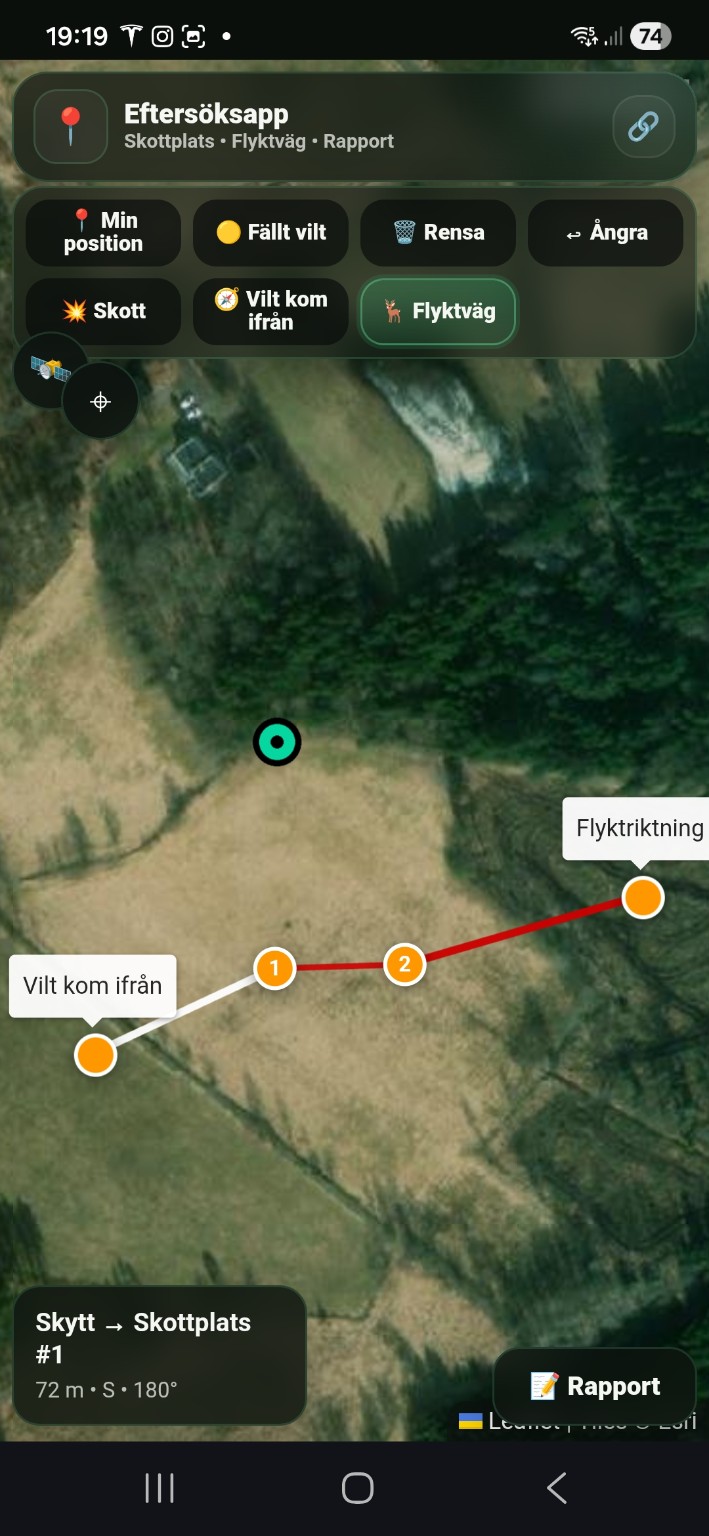 Skyttens logg i Vissla Jakts eftersöksapp med skottplats och flyktriktning markerad på karta